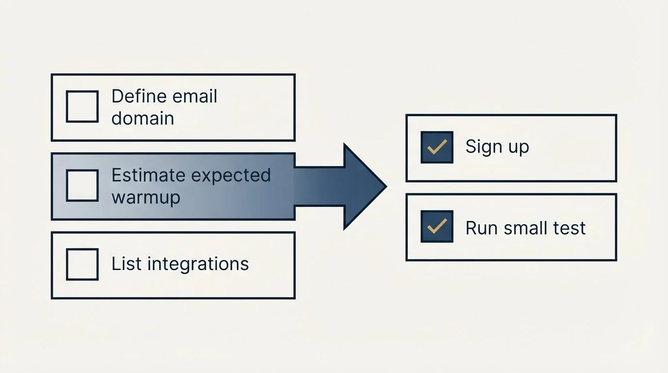 Before-and-after steps: Getting Started Checklist (Define email domain, Estimate expected warmup, List integrations, Sign up)