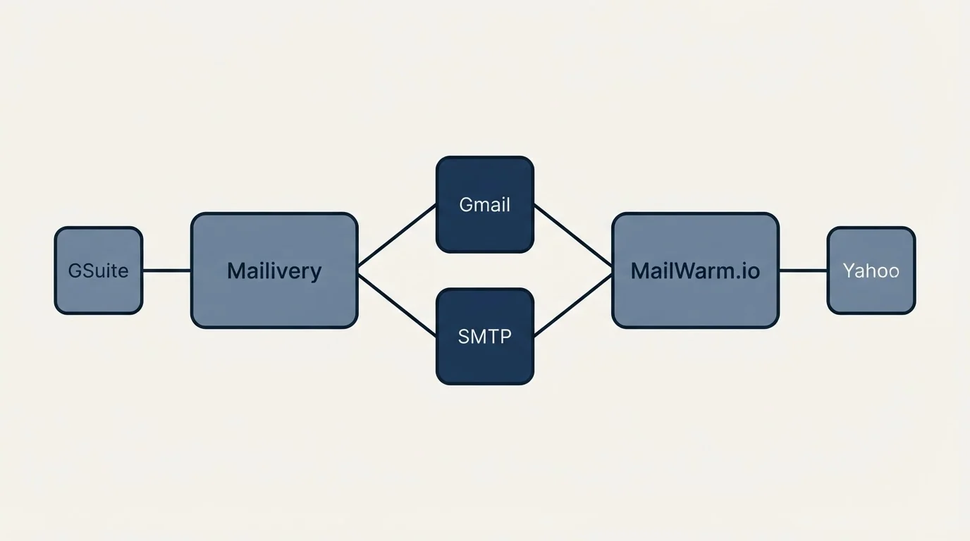 Integration schematic: Integration Ecosystem (Mailivery, MailWarm.io, Gmail, SMTP)