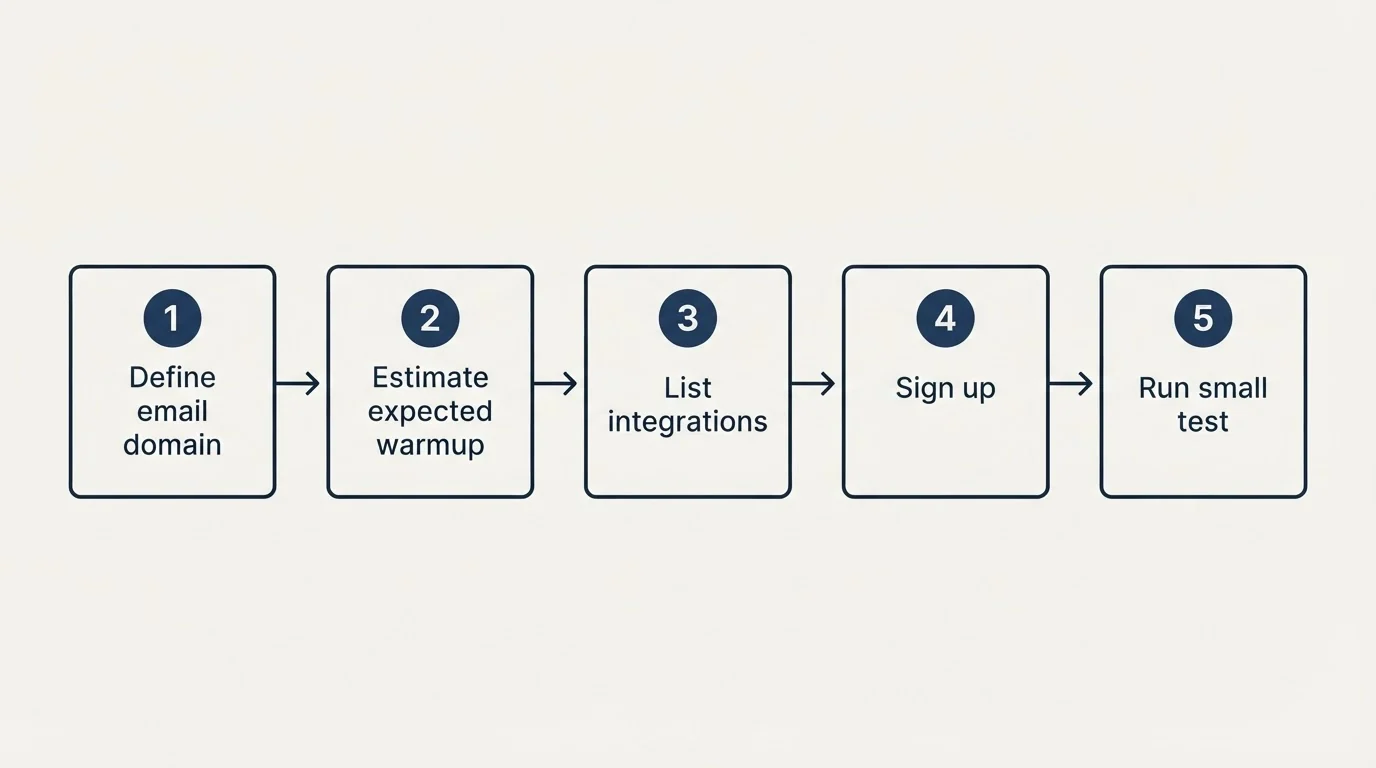 Step sequence: Getting Started Checklist (Define email domain, Estimate expected warmup, List integrations, Sign up)