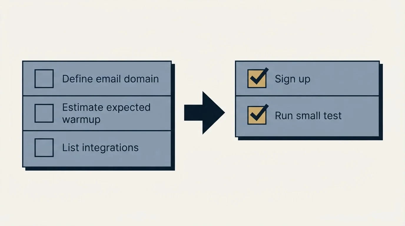 Before-and-after steps: Getting Started Checklist (Define email domain, Estimate expected warmup, List integrations, Sign up)