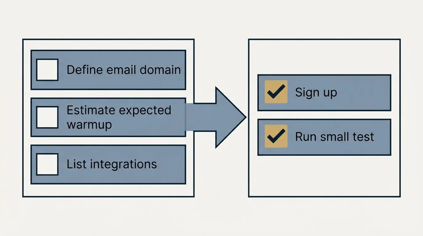 Before-and-after steps: Getting Started Checklist (Define email domain, Estimate expected warmup, List integrations, Sign up)