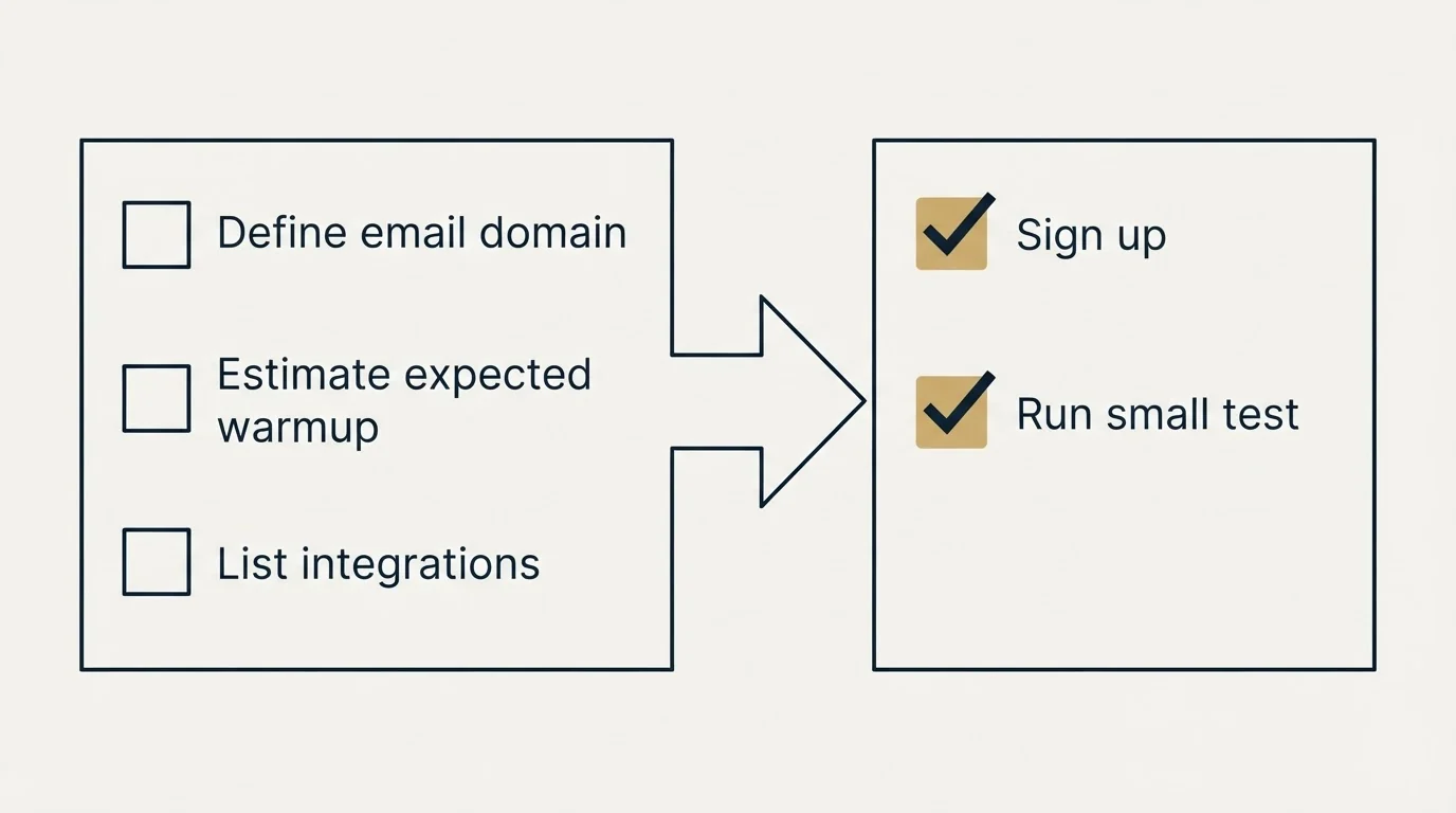 Before-and-after steps: Getting Started Checklist (Define email domain, Estimate expected warmup, List integrations, Sign up)