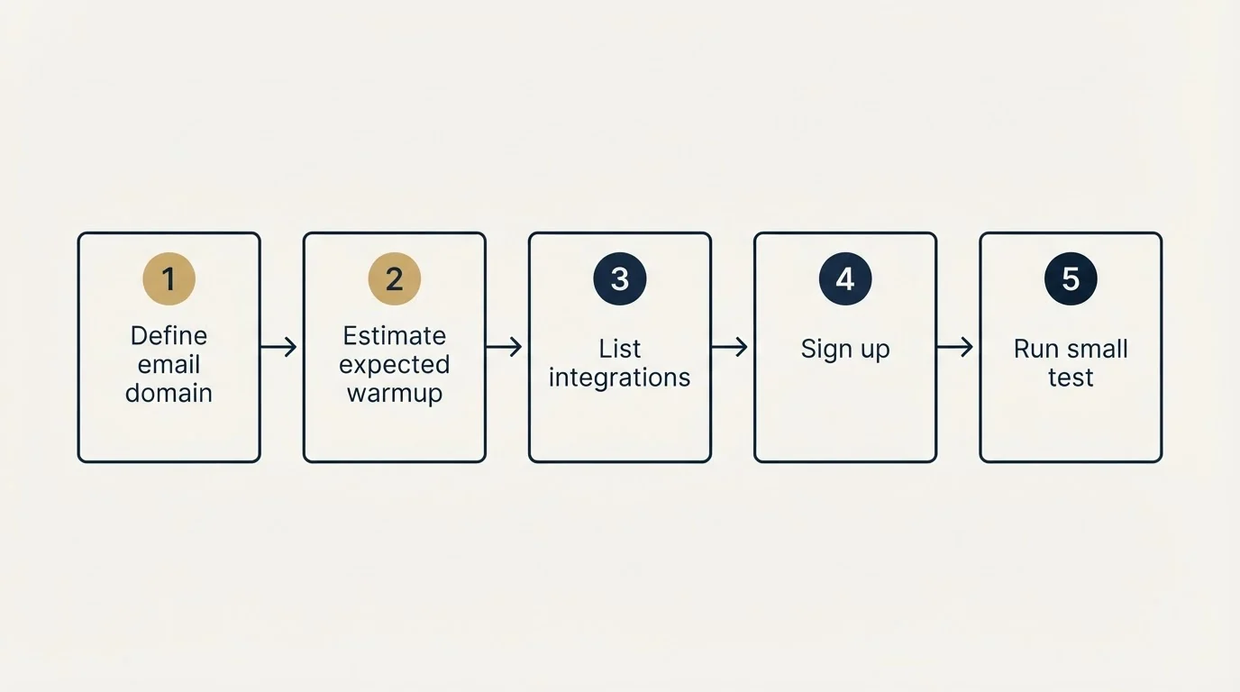 Step sequence: Getting Started Checklist (Define email domain, Estimate expected warmup, List integrations, Sign up)