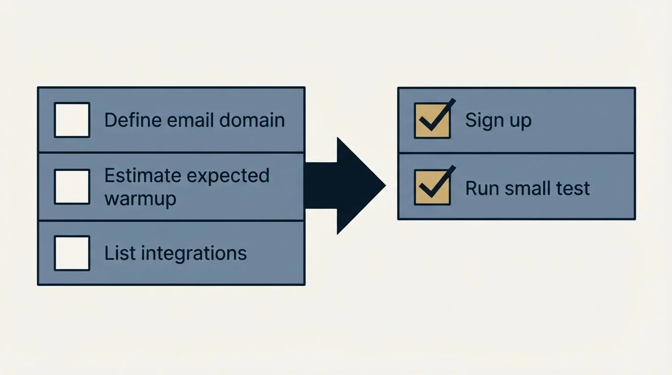 Before-and-after steps: Getting Started Checklist (Define email domain, Estimate expected warmup, List integrations, Sign up)