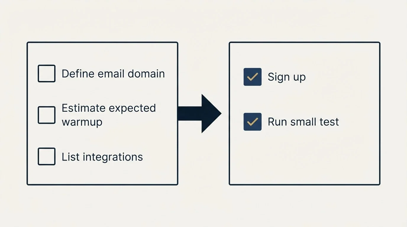 Before-and-after steps: Getting Started Checklist (Define email domain, Estimate expected warmup, List integrations, Sign up)