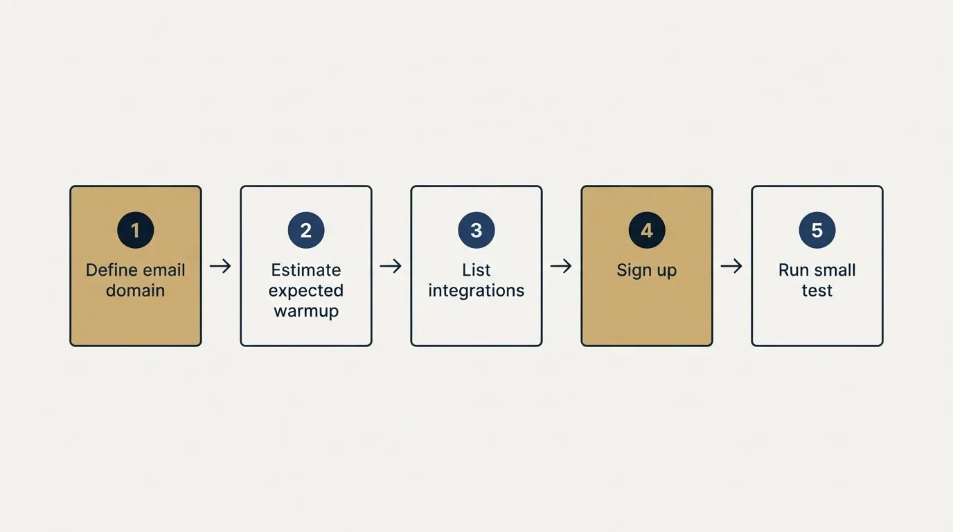 Step sequence: Getting Started Checklist (Define email domain, Estimate expected warmup, List integrations, Sign up)
