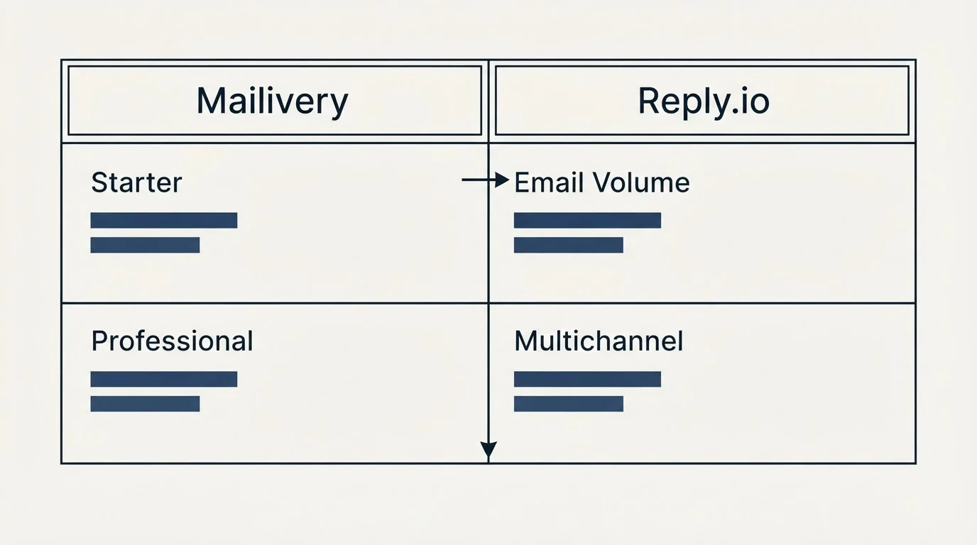 Pricing table: Pricing Comparison (Mailivery, Reply.io, Starter, Email Volume)