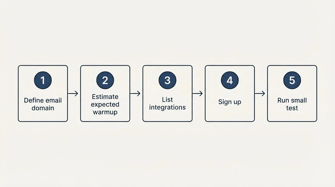 Step sequence: Getting Started Checklist (Define email domain, Estimate expected warmup, List integrations, Sign up)