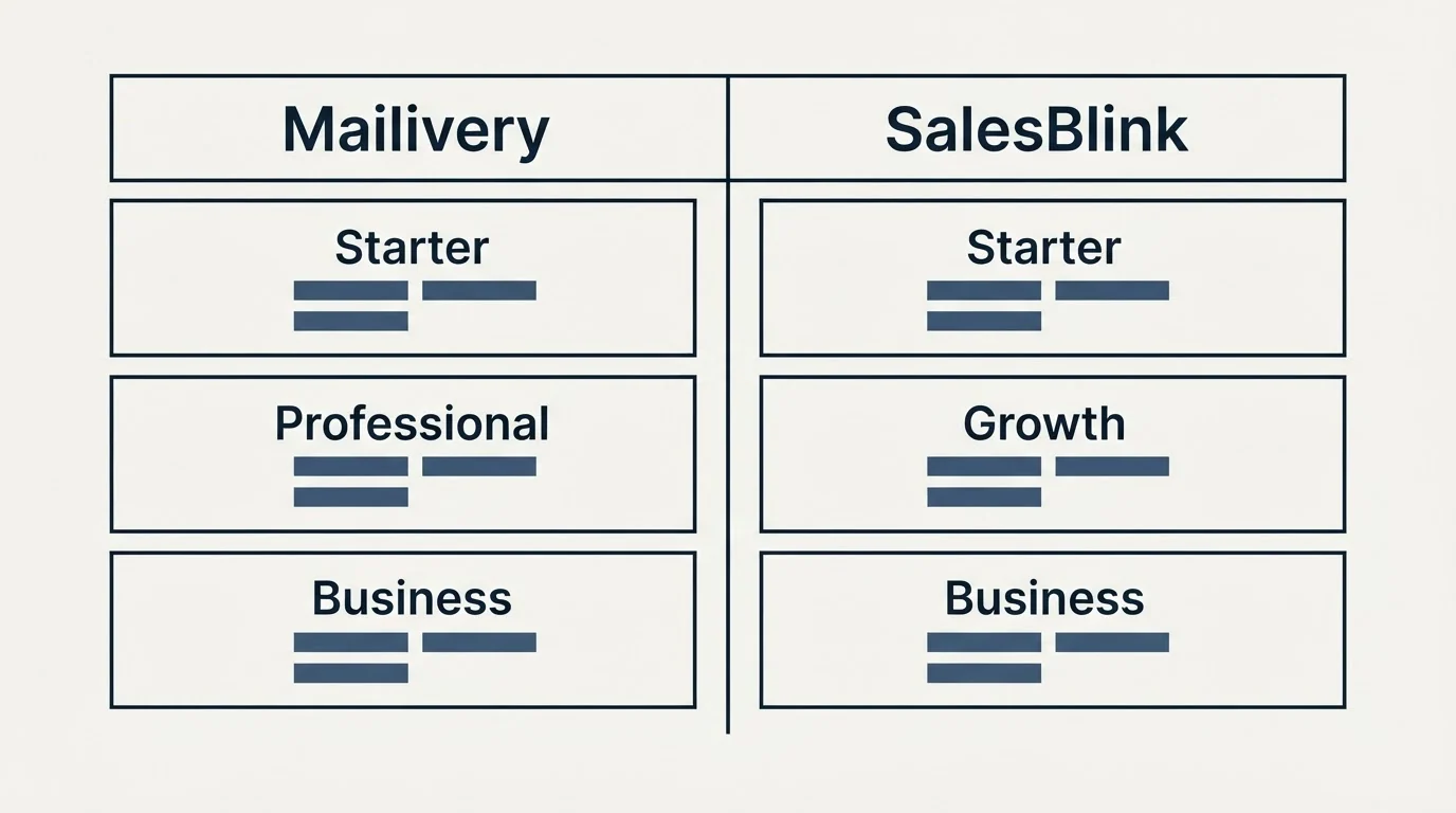 Pricing table: Pricing Comparison (Mailivery, SalesBlink, Starter, Professional)
