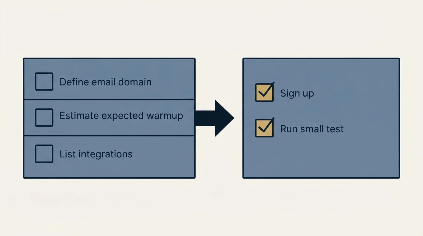 Before-and-after steps: Getting Started Checklist (Define email domain, Estimate expected warmup, List integrations, Sign up)