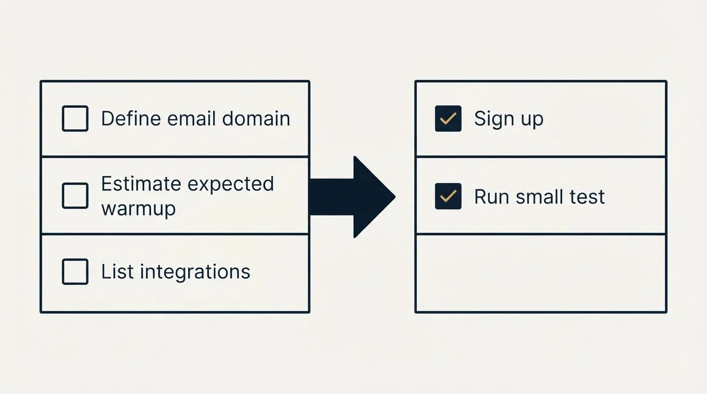 Before-and-after steps: Getting Started Checklist (Define email domain, Estimate expected warmup, List integrations, Sign up)