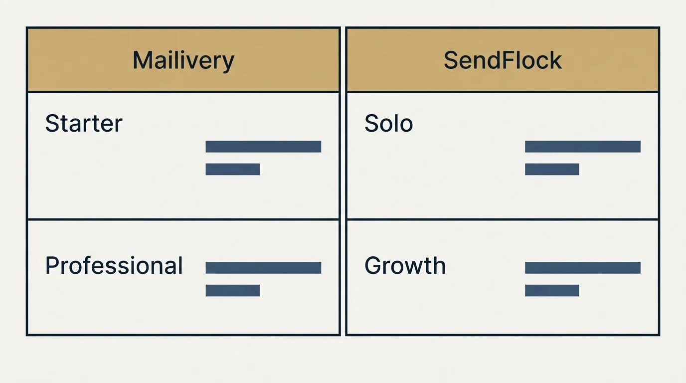 Pricing table: Pricing Comparison (Mailivery, SendFlock, Starter, Solo)