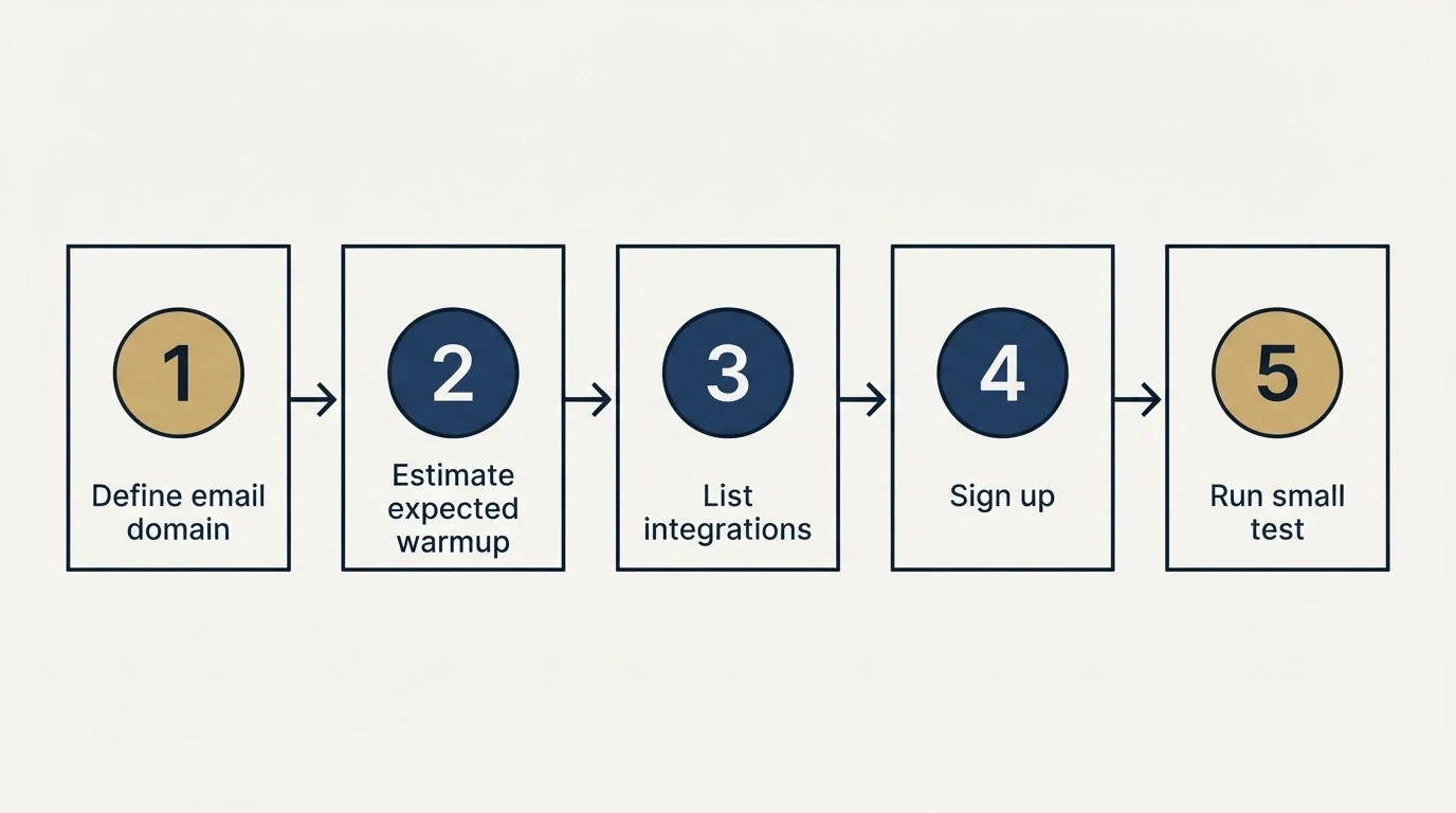 Step sequence: Getting Started Checklist (Define email domain, Estimate expected warmup, List integrations, Sign up)