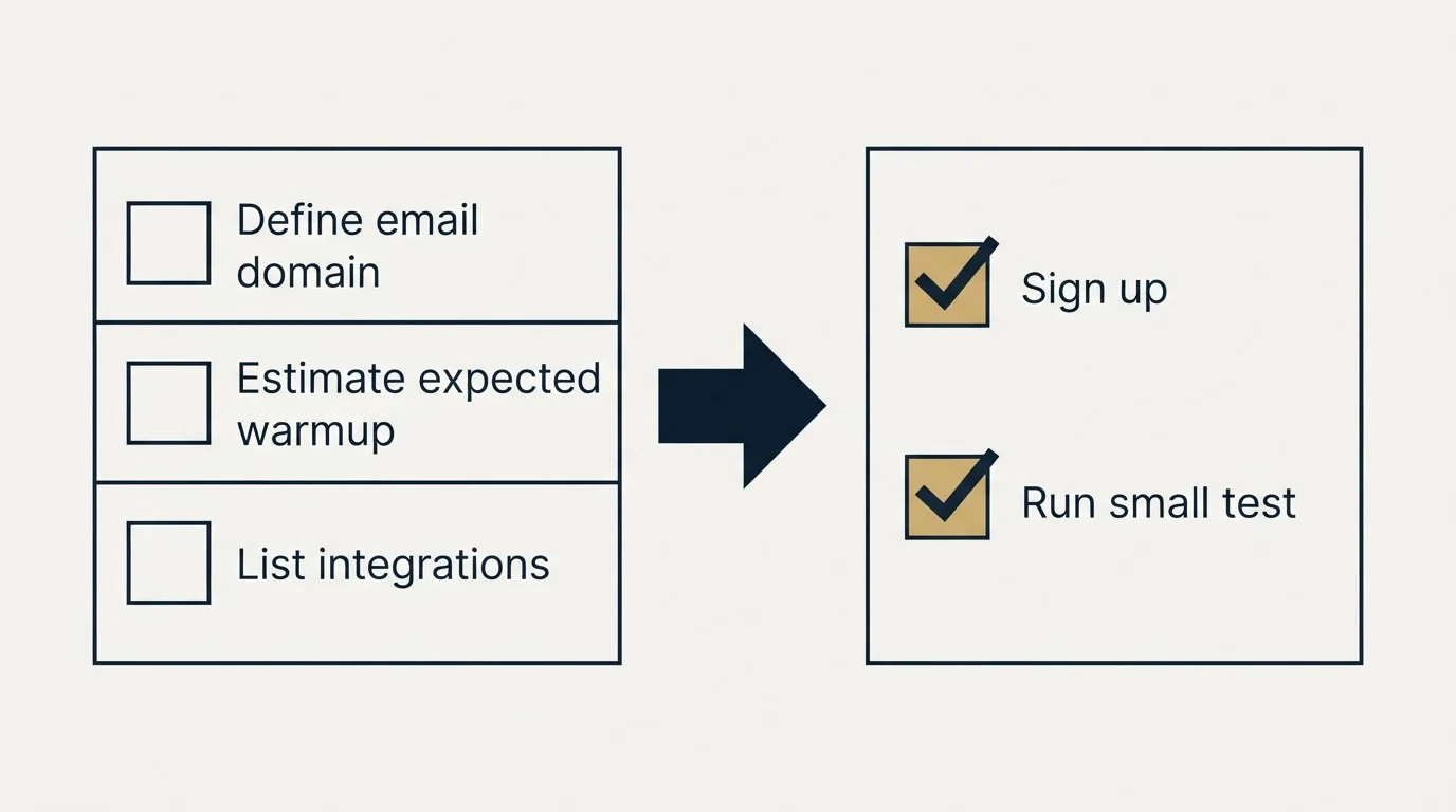 Before-and-after steps: Getting Started Checklist (Define email domain, Estimate expected warmup, List integrations, Sign up)