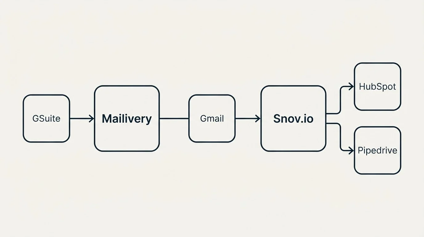 Integration schematic: Integration Ecosystem (Mailivery, Snov.io, Gmail, GSuite)