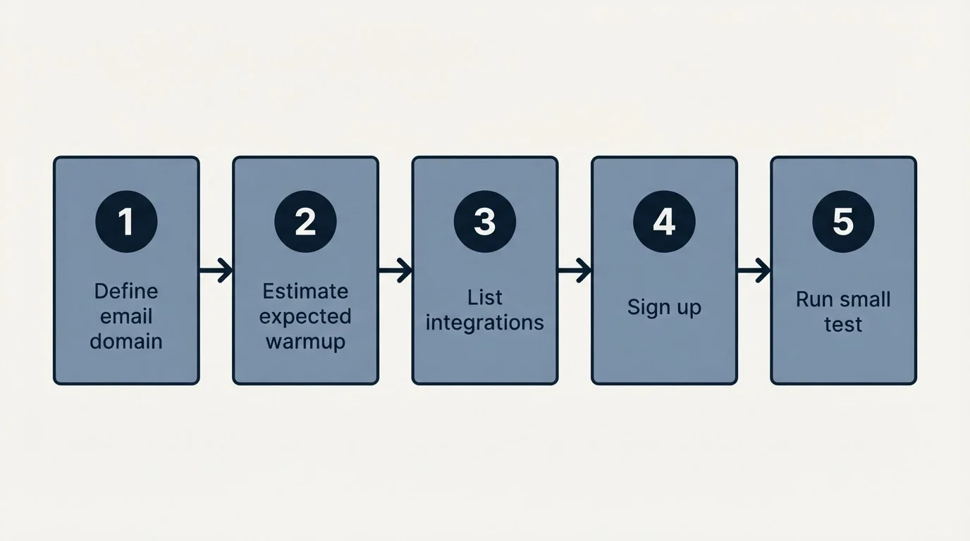 Step sequence: Getting Started Checklist (Define email domain, Estimate expected warmup, List integrations, Sign up)