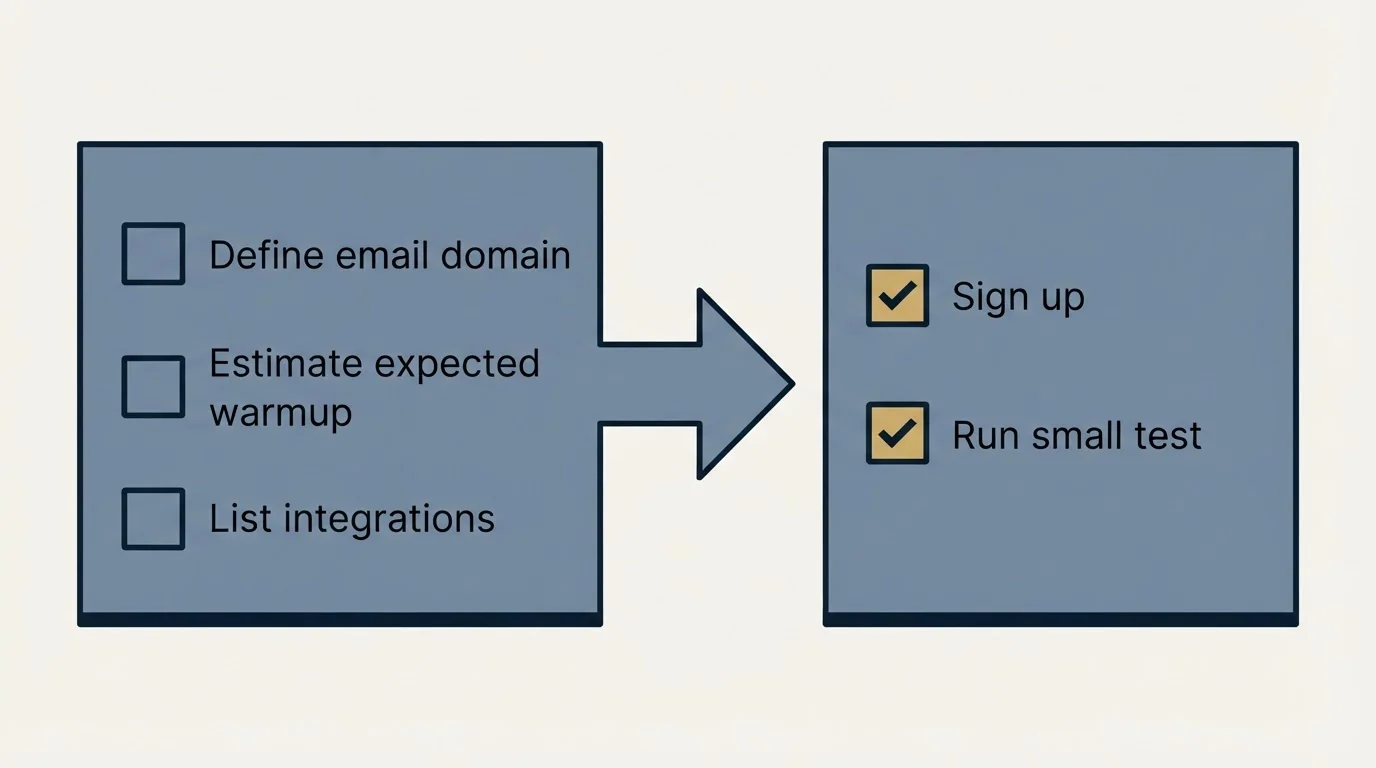Before-and-after steps: Getting Started Checklist (Define email domain, Estimate expected warmup, List integrations, Sign up)