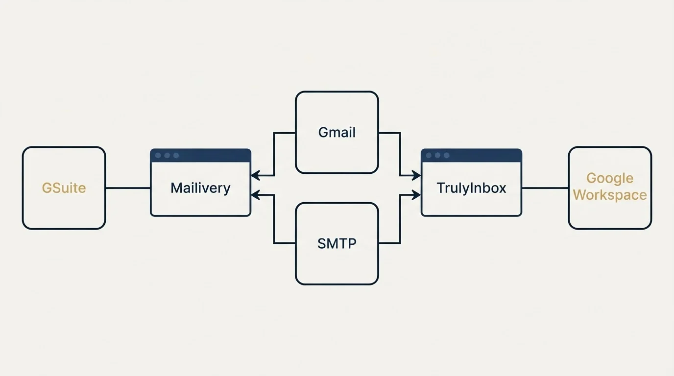 Integration flow: Integration Ecosystem (Mailivery, TrulyInbox, Gmail, SMTP)