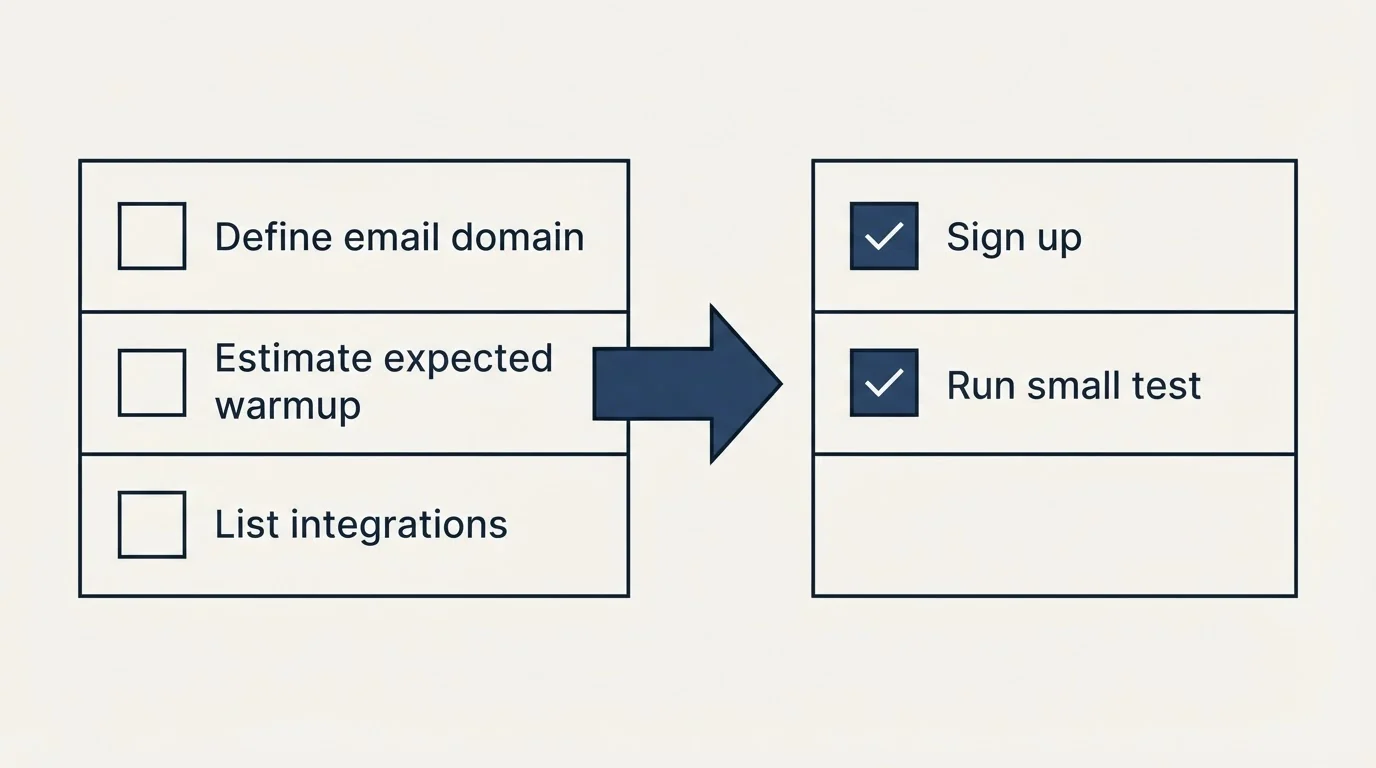 Before-and-after steps: Getting Started Checklist (Define email domain, Estimate expected warmup, List integrations, Sign up)