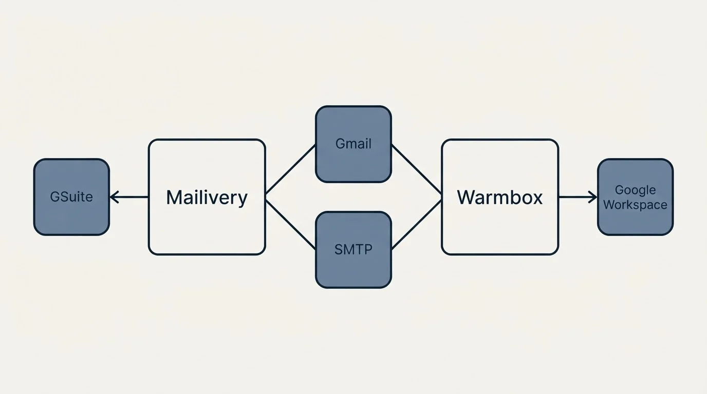 Integration schematic: Integration Ecosystem (Mailivery, Warmbox, Gmail, SMTP)