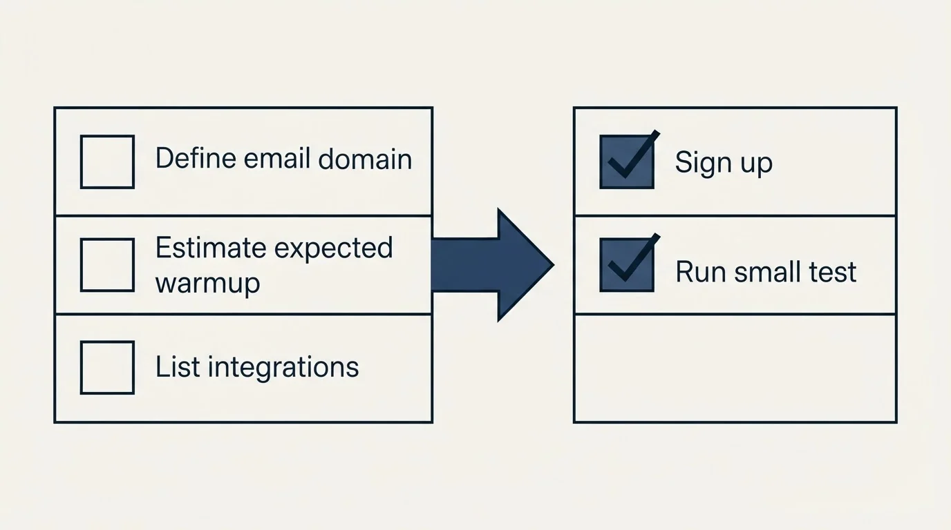 Before-and-after steps: Getting Started Checklist (Define email domain, Estimate expected warmup, List integrations, Sign up)