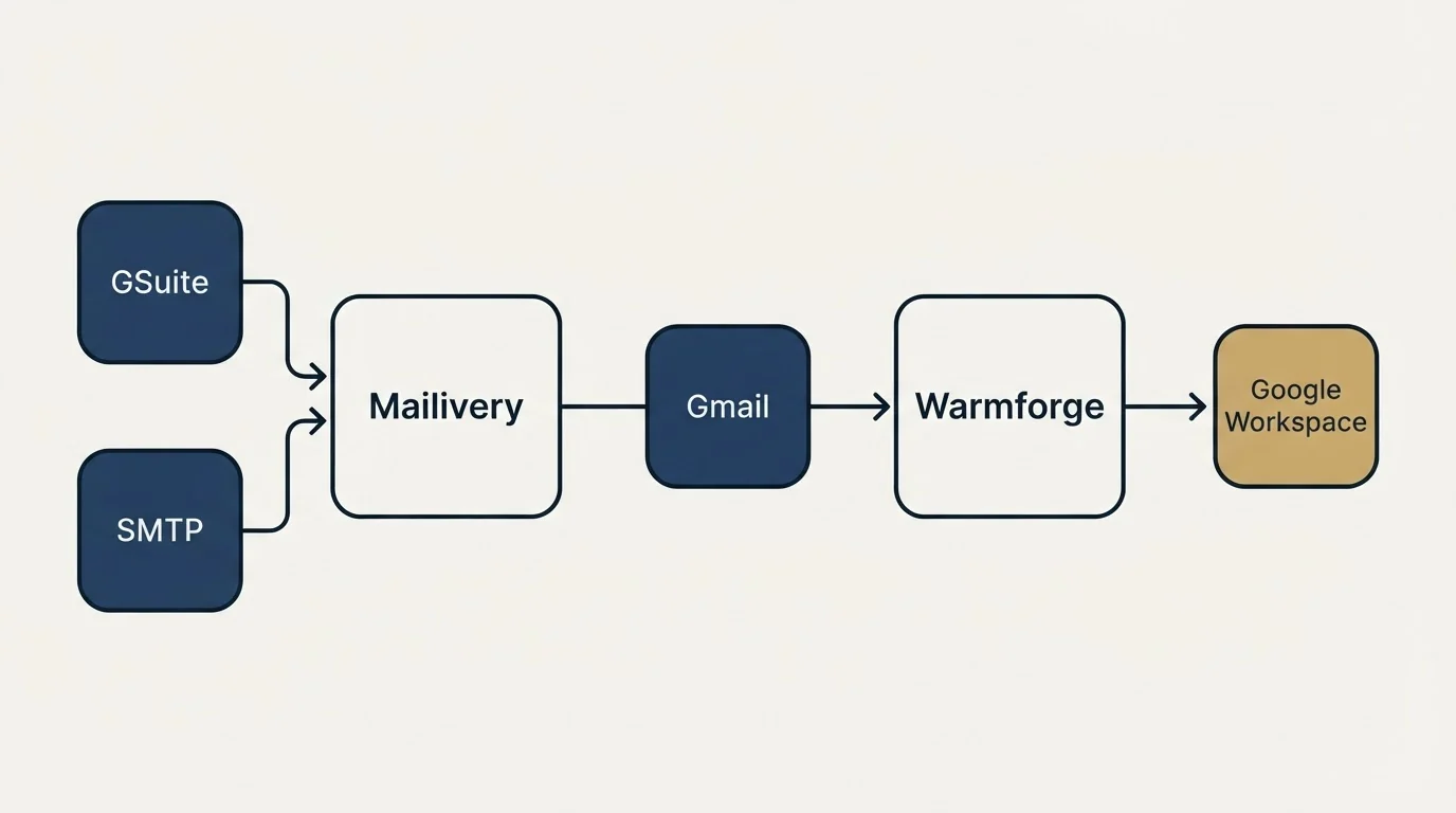 Integration schematic: Integration Ecosystem (Mailivery, Warmforge, Gmail, GSuite)