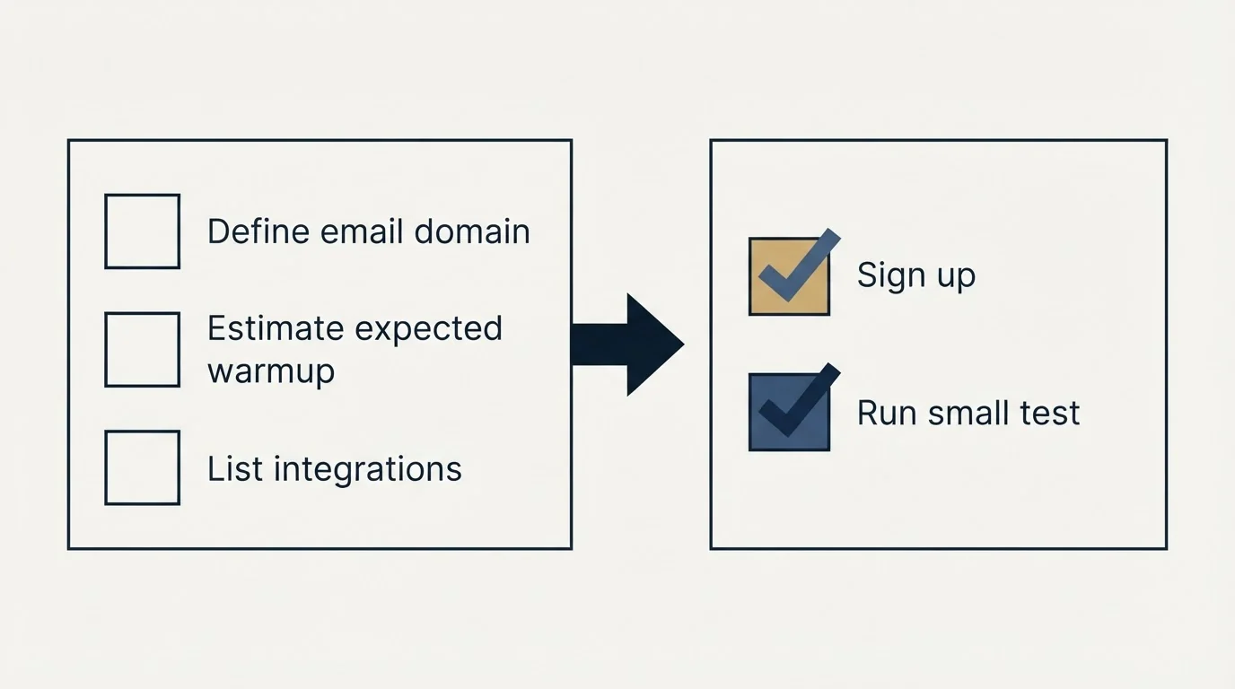 Before-and-after steps: Getting Started Checklist (Define email domain, Estimate expected warmup, List integrations, Sign up)