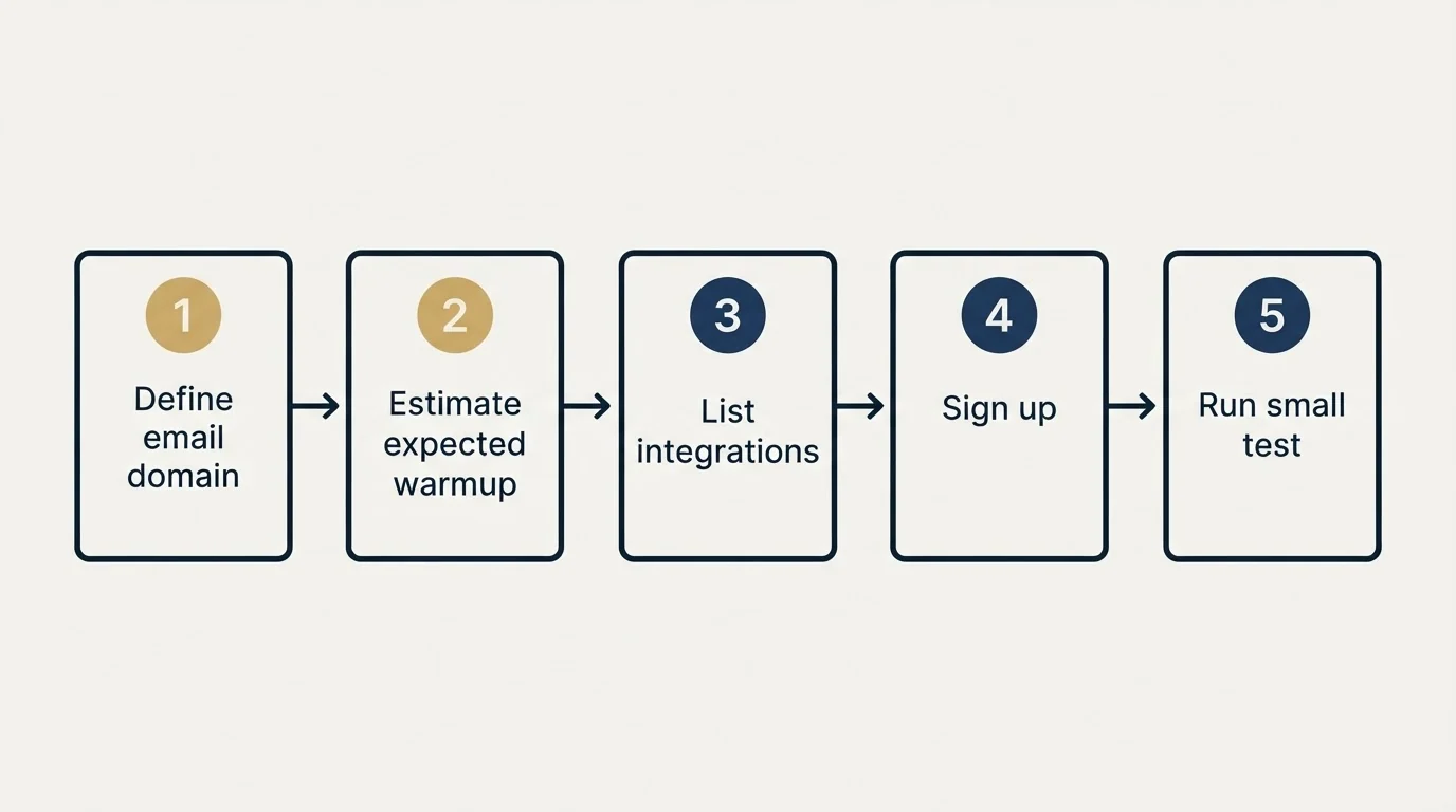 Step sequence: Getting Started Checklist (Define email domain, Estimate expected warmup, List integrations, Sign up)