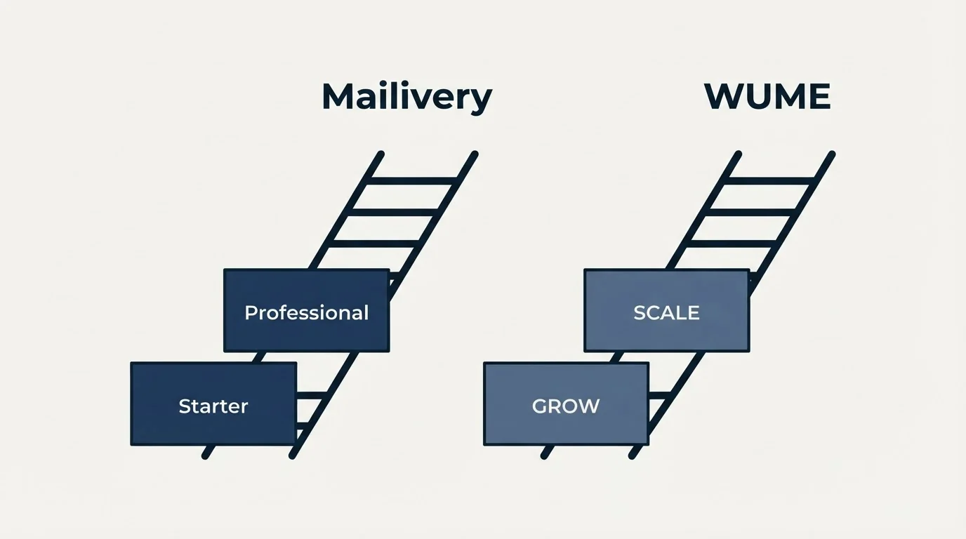 Pricing ladder: Pricing Comparison (Mailivery, WUME, Starter, GROW)