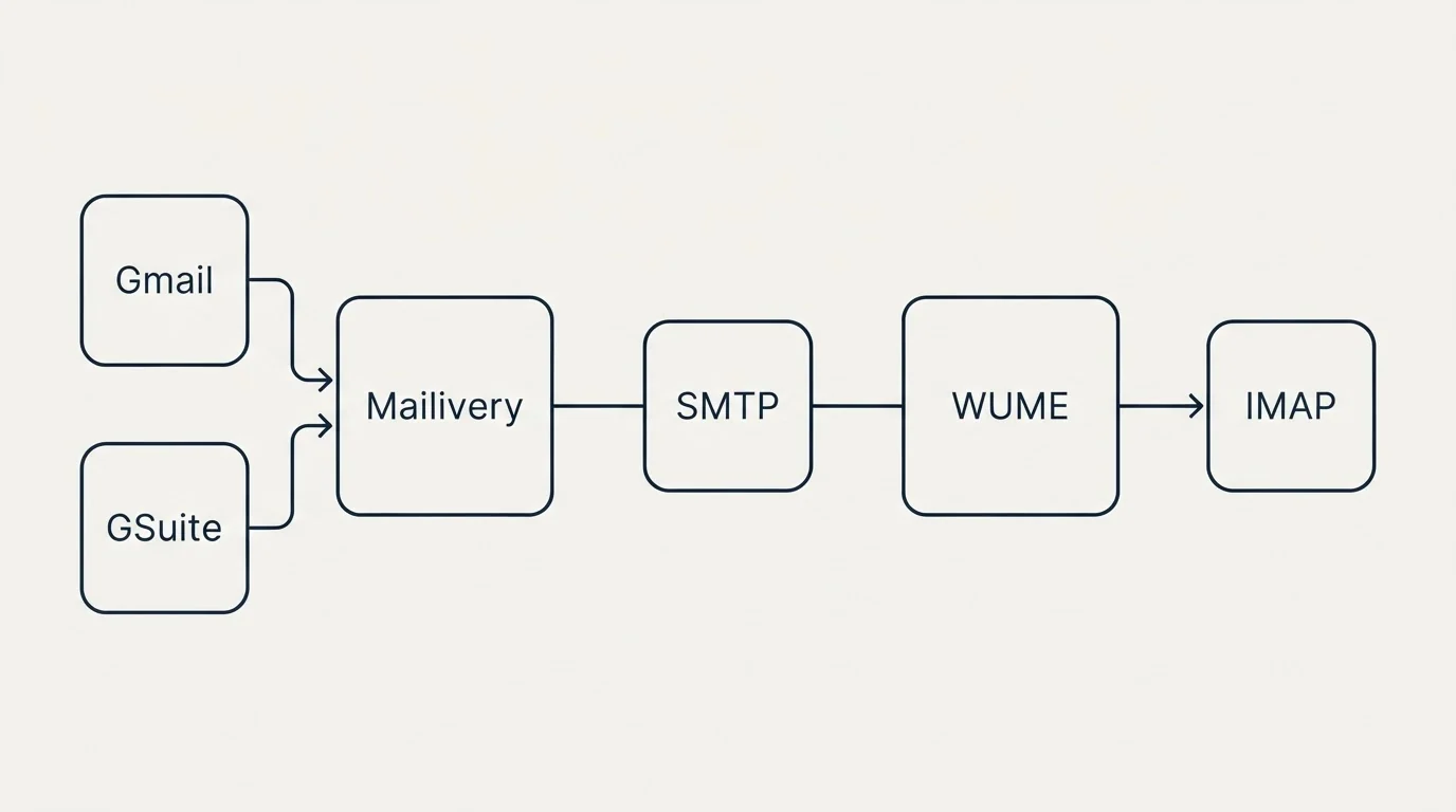 Integration schematic: Integration Ecosystem (Mailivery, WUME, SMTP, Gmail)