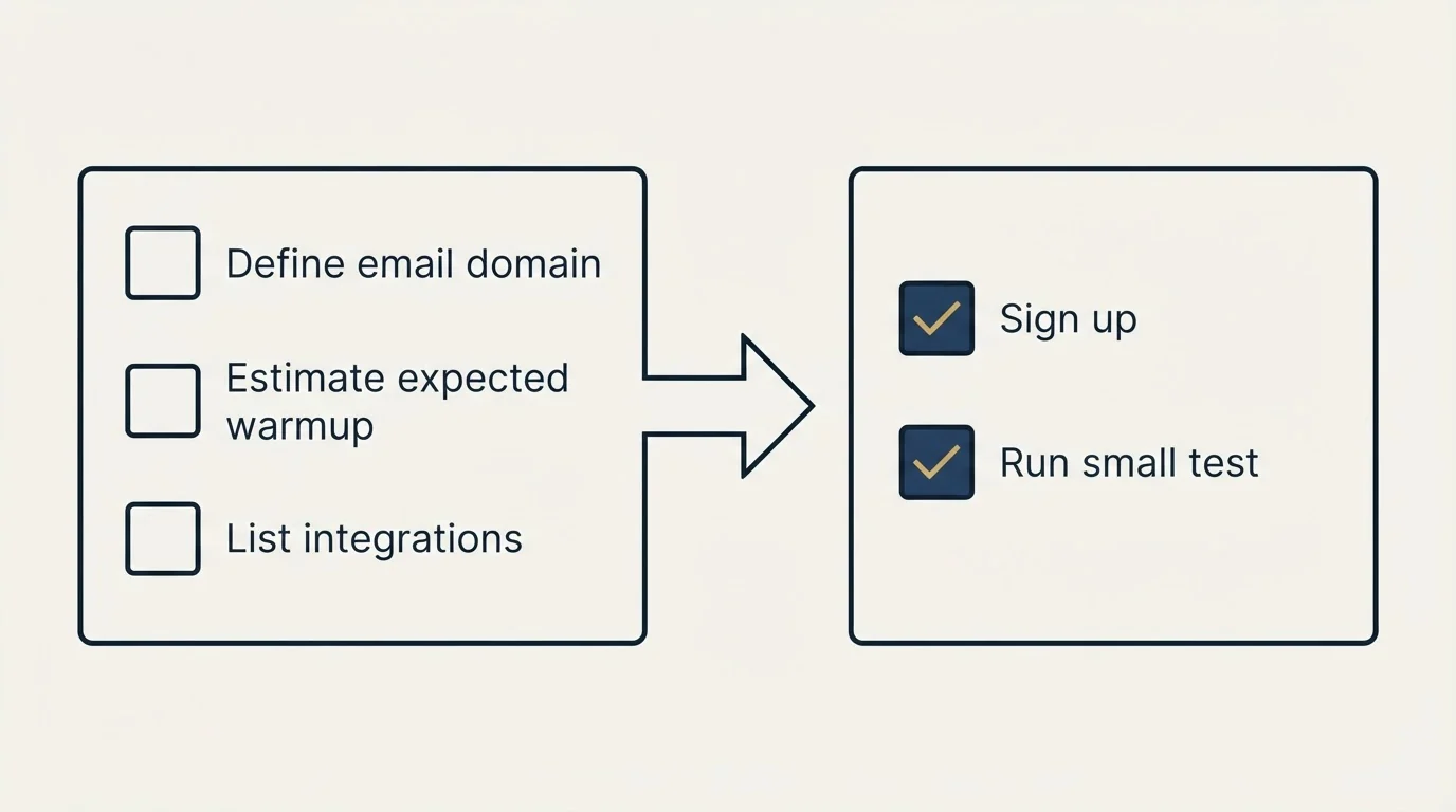 Before-and-after steps: Getting Started Checklist (Define email domain, Estimate expected warmup, List integrations, Sign up)