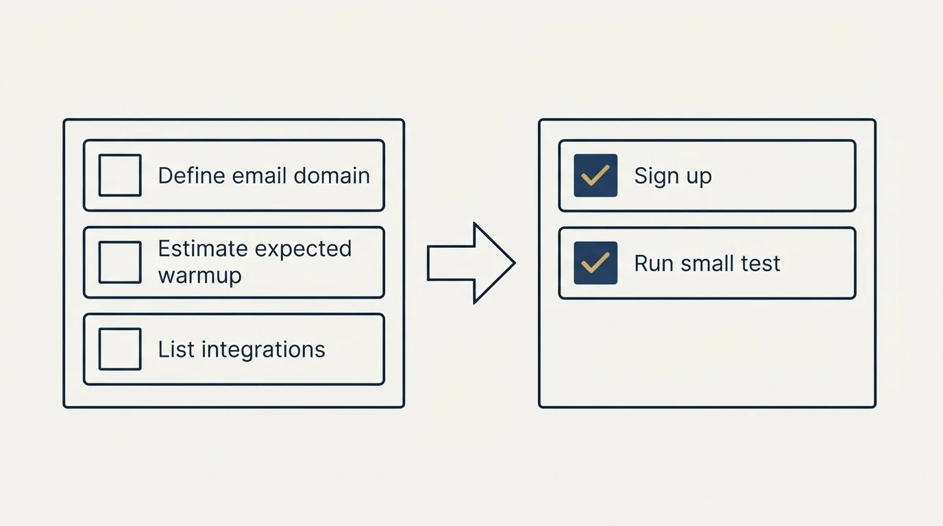 Before-and-after steps: Getting Started Checklist (Define email domain, Estimate expected warmup, List integrations, Sign up)