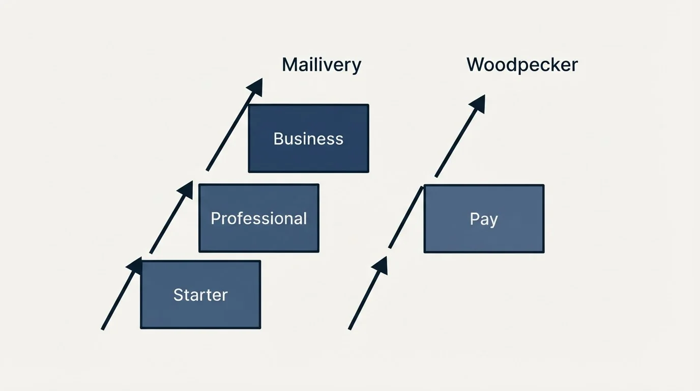 Pricing ladder: Pricing Comparison (Mailivery, Woodpecker, Starter, Pay)