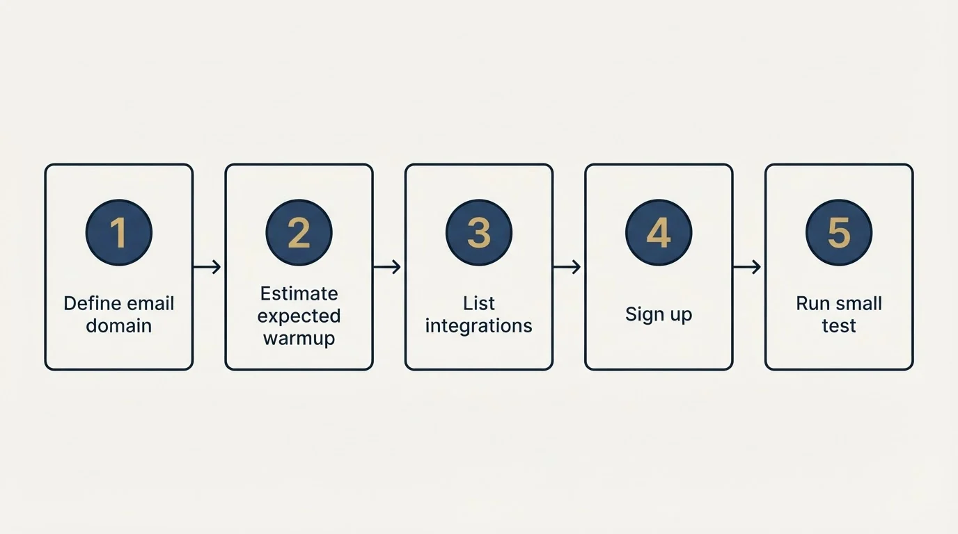 Step sequence: Getting Started Checklist (Define email domain, Estimate expected warmup, List integrations, Sign up)