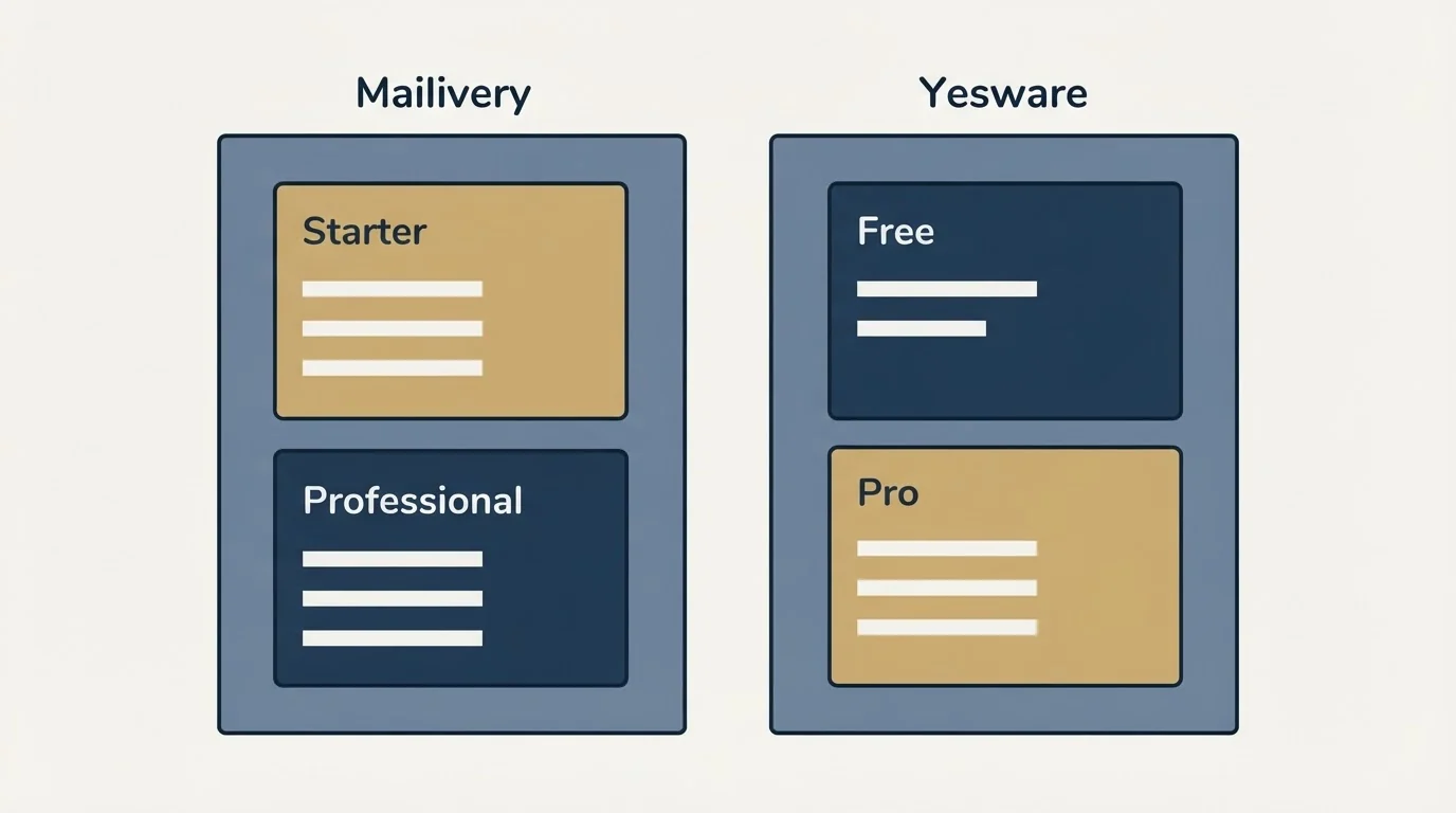 Pricing panels: Pricing Comparison (Mailivery, Yesware, Starter, Free)