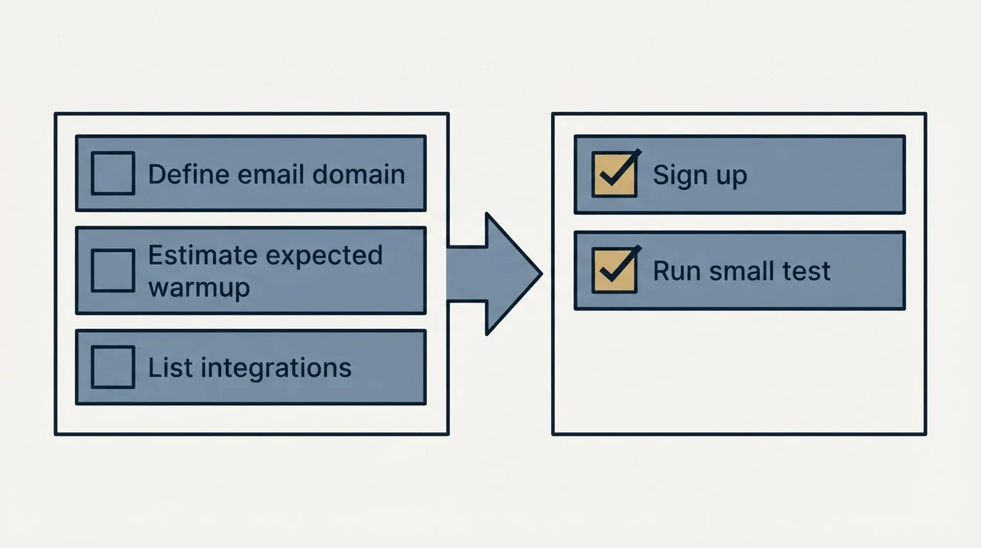 Before-and-after steps: Getting Started Checklist (Define email domain, Estimate expected warmup, List integrations, Sign up)