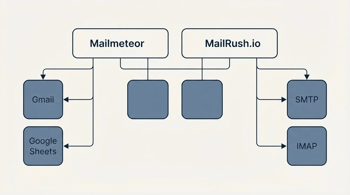 Integration grid: Integration Ecosystem (Mailmeteor, MailRush.io, Gmail, SMTP)