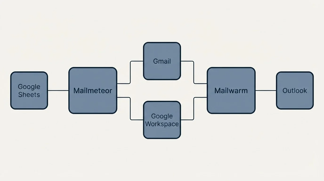 Integration flow: Integration Ecosystem (Mailmeteor, Mailwarm, Gmail, Google Workspace)