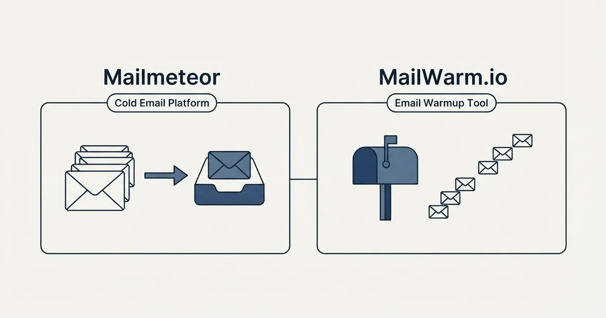 Side-by-side panels: Mailmeteor vs MailWarm.io (Cold Email Platform, Email Warmup Tool)
