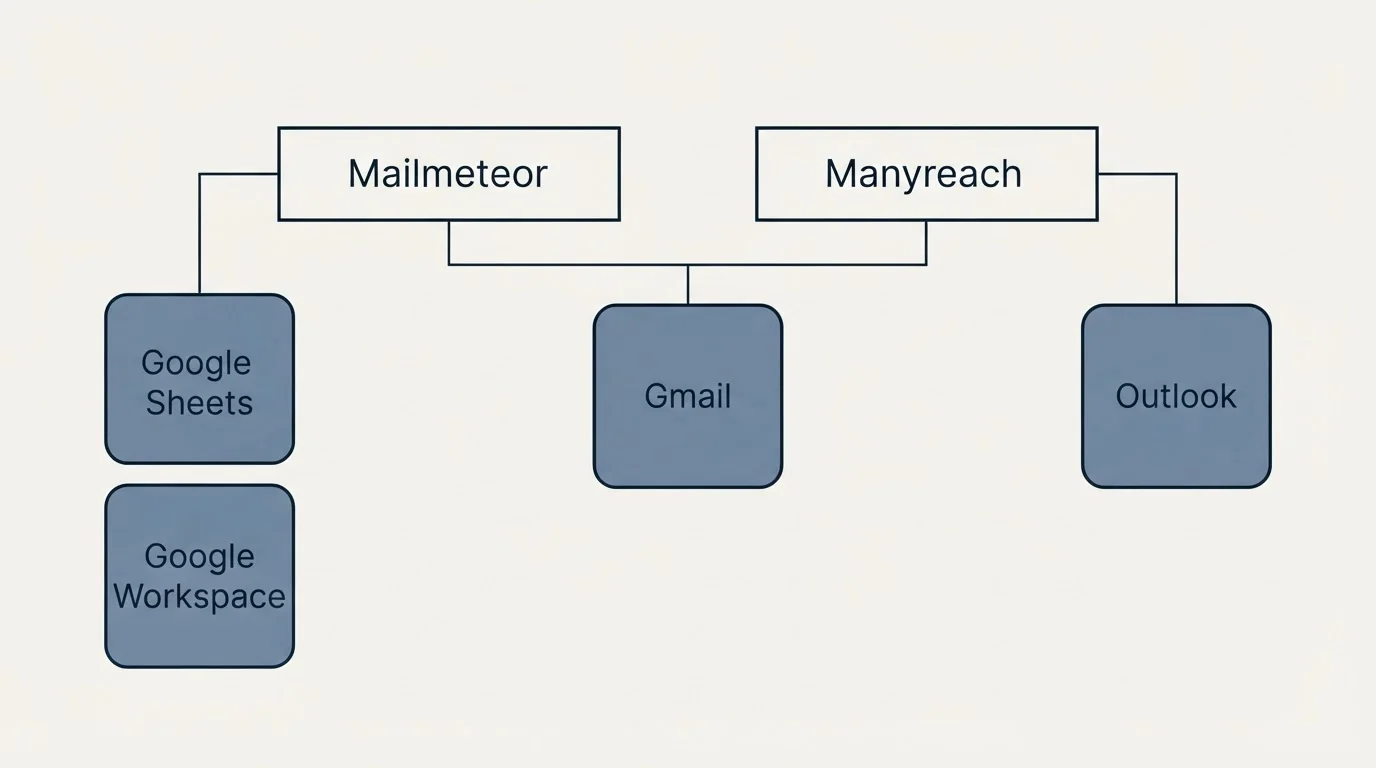 Integration grid: Integration Ecosystem (Mailmeteor, Manyreach, Gmail, Google Sheets)