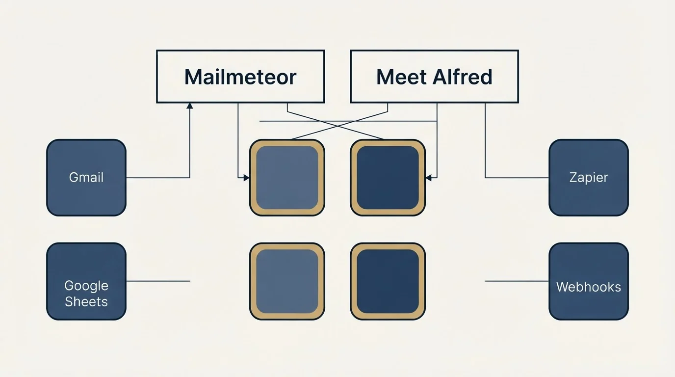 Integration grid: Integration Ecosystem (Mailmeteor, Meet Alfred, Gmail, Zapier)