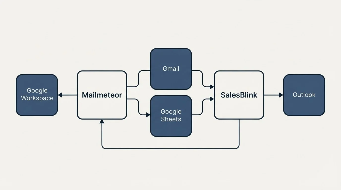 Integration schematic: Integration Ecosystem (Mailmeteor, SalesBlink, Gmail, Google Sheets)