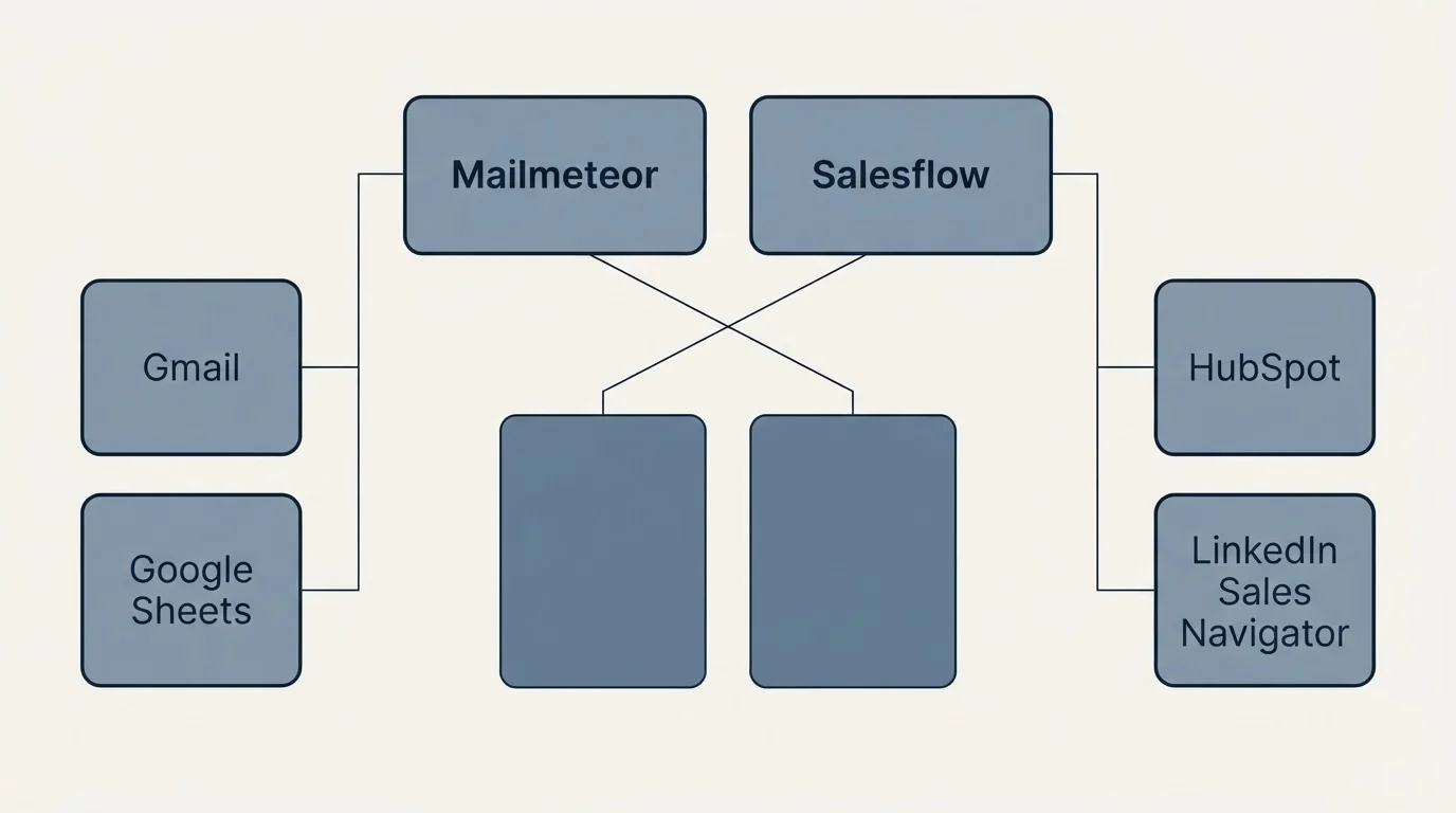 Integration grid: Integration Ecosystem (Mailmeteor, Salesflow, Gmail, HubSpot)