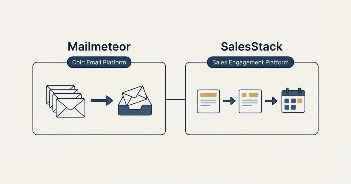 Side-by-side panels: Mailmeteor vs SalesStack (Cold Email Platform, Sales Engagement Platform)