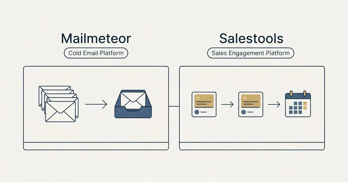 Side-by-side panels: Mailmeteor vs Salestools (Cold Email Platform, Sales Engagement Platform)