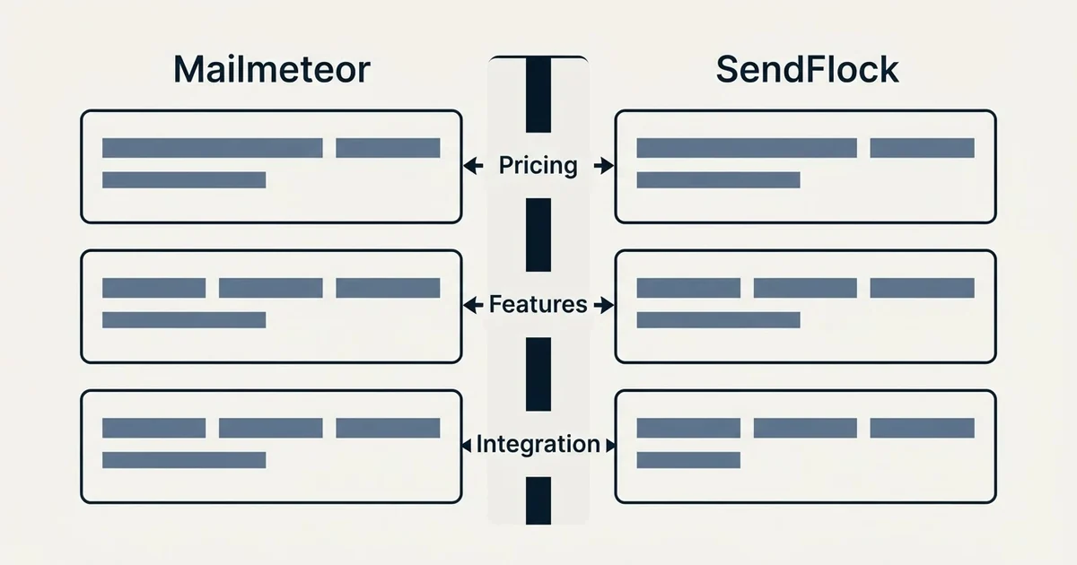 Comparison panel: Mailmeteor vs SendFlock (Pricing, Features, Integration)