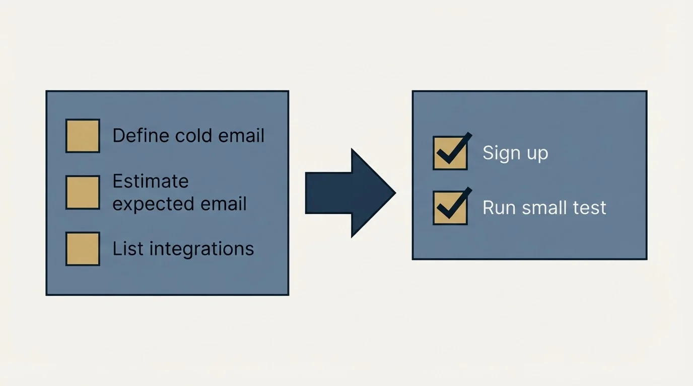 Before-and-after steps: Getting Started Checklist (Define cold email, Estimate expected email, List integrations, Sign up)