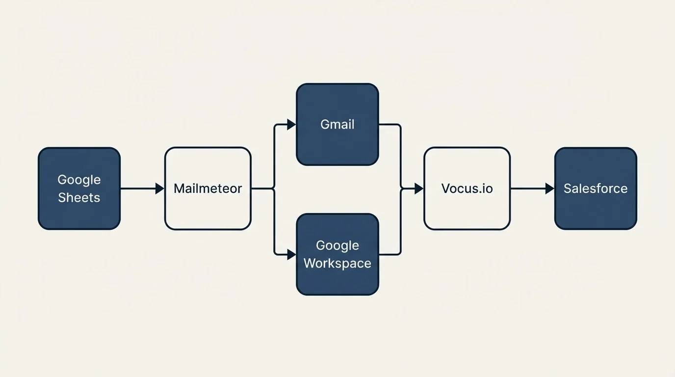 Integration flow: Integration Ecosystem (Mailmeteor, Vocus.io, Gmail, Google Workspace)