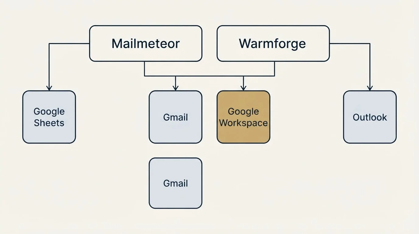 Integration grid: Integration Ecosystem (Mailmeteor, Warmforge, Gmail, Google Workspace)
