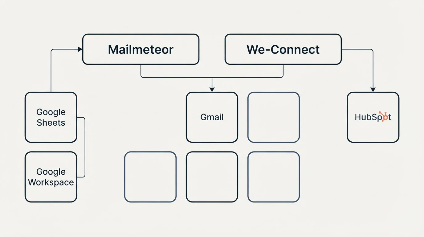 Integration grid: Integration Ecosystem (Mailmeteor, We-Connect, Gmail, Google Sheets)